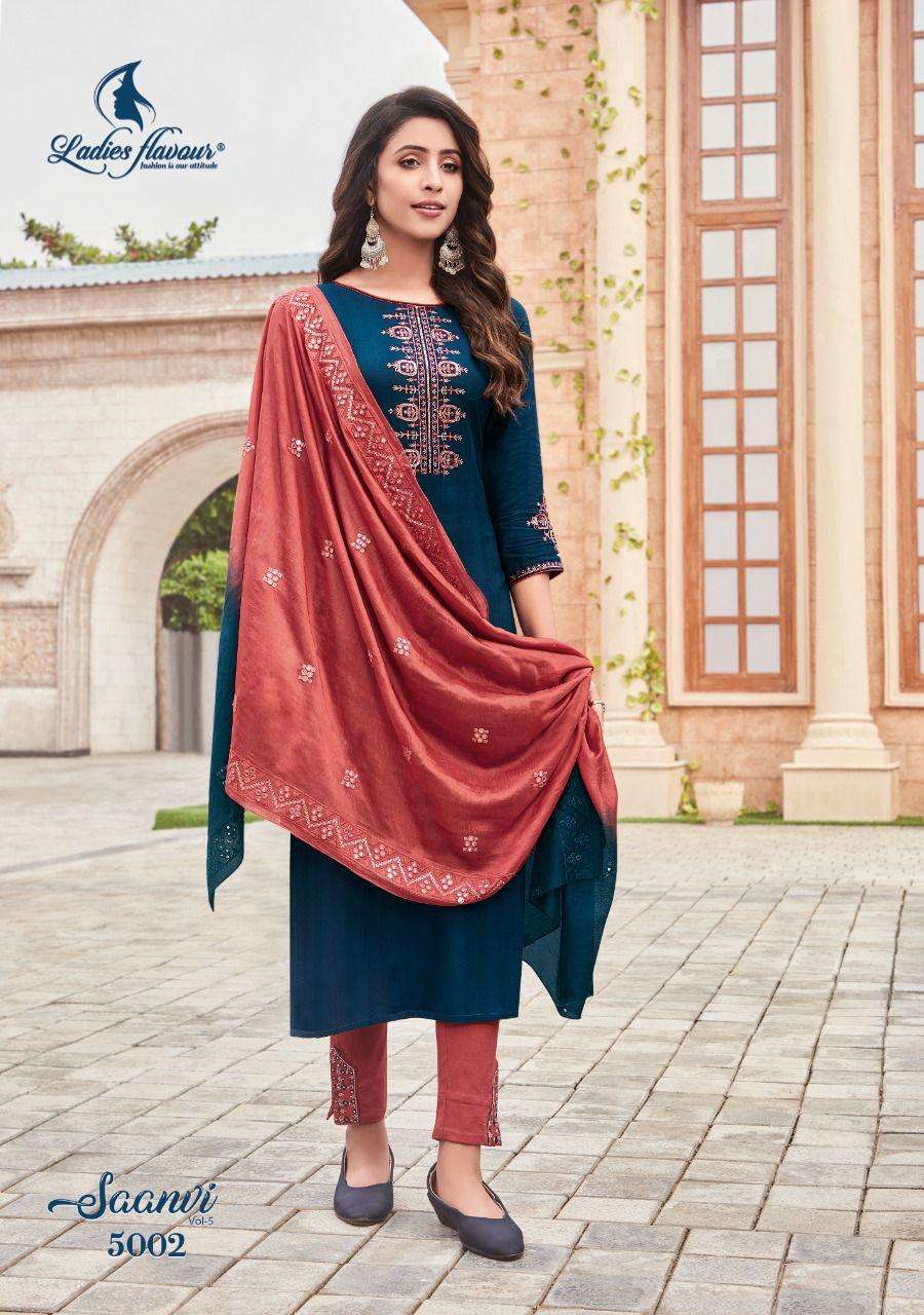 Ladies Flavour-Saanvi Vol 5-Rayon-Weaving-Embroidery-Sequence-Work-Kurti-Cotton-Slub-Lycra-Pant-Chanderi-Viscose-Mirror-Work-Dupatta-5002